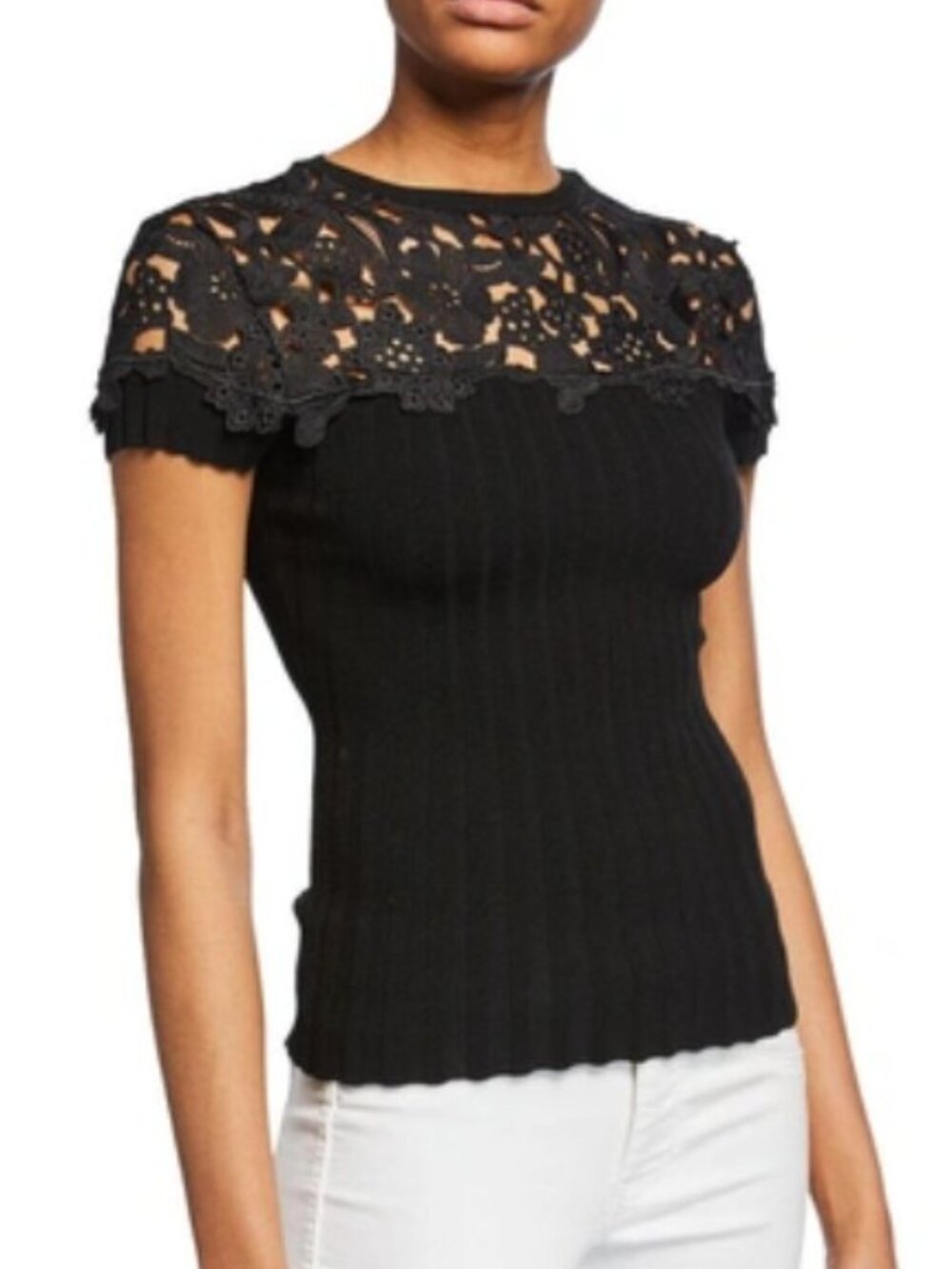 NWT BAILEY44 Souffle Short-sleeve Sweater XS With Lace Neck Detail In Black